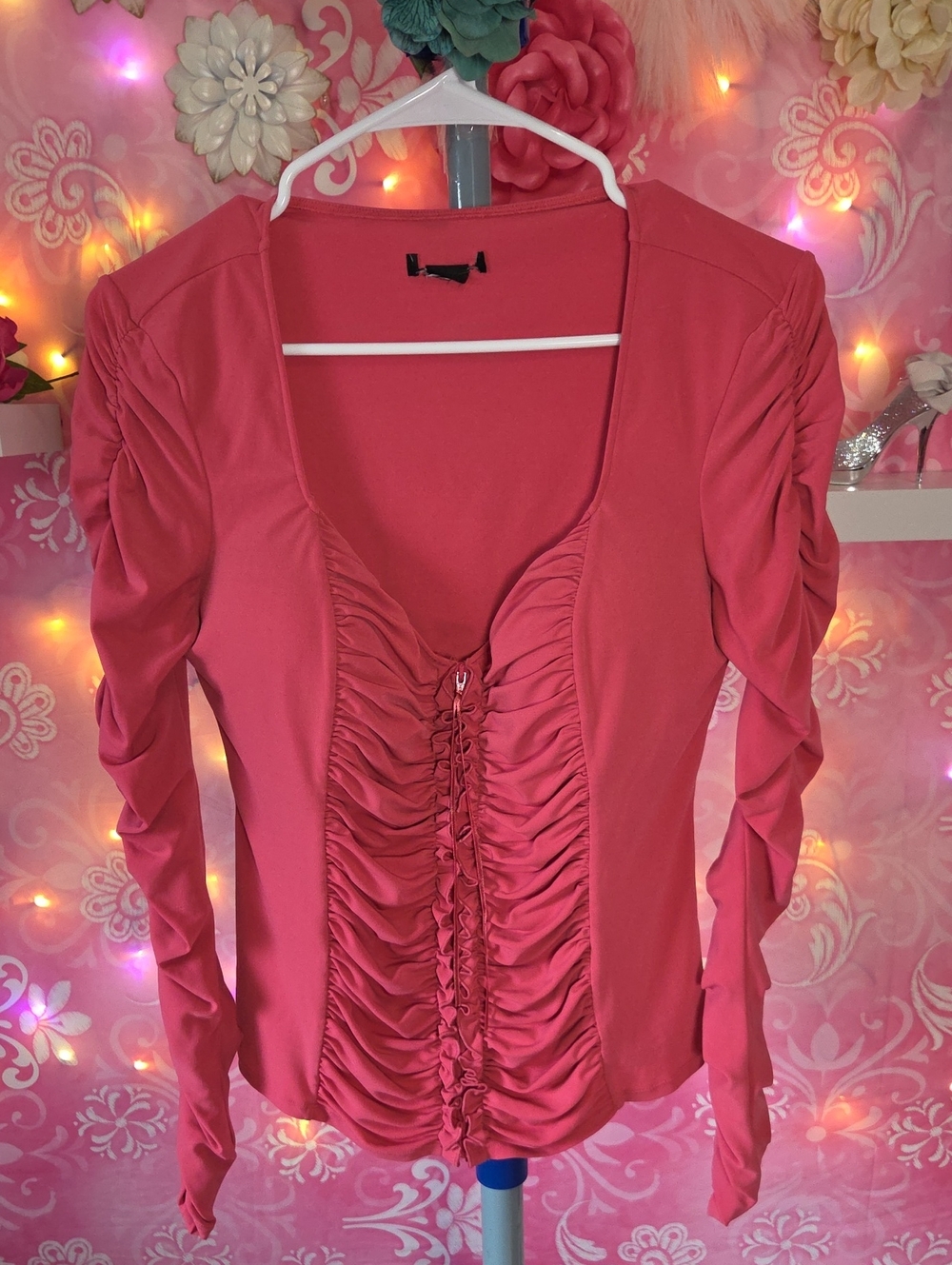 Source Unknown Ruched Coral-Pink Long Sleeve Top